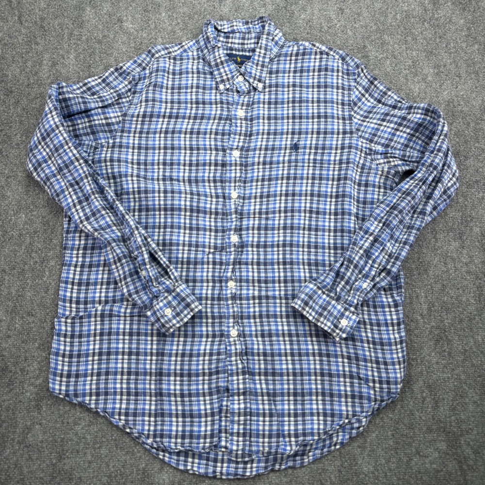 Ralph‎ Lauren Shirt Mens Extra Large Blue Ocean Wash Linen Button Down Plaid